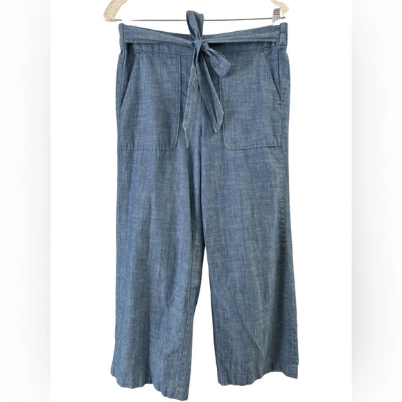 Jcrew blue denim wide leg crop capri pants with tie - Picture 1 of 4